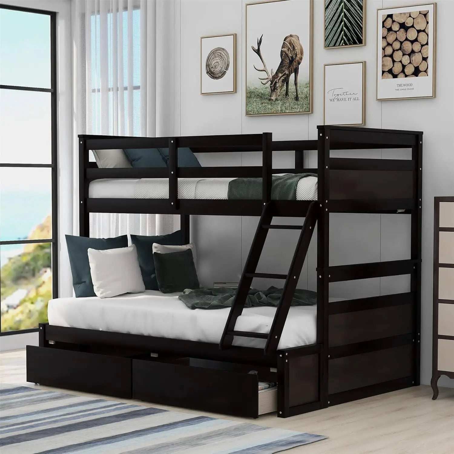 ELEANOR Modern Twin Over Full Bunk Bed with Storage Stairway and Drawers