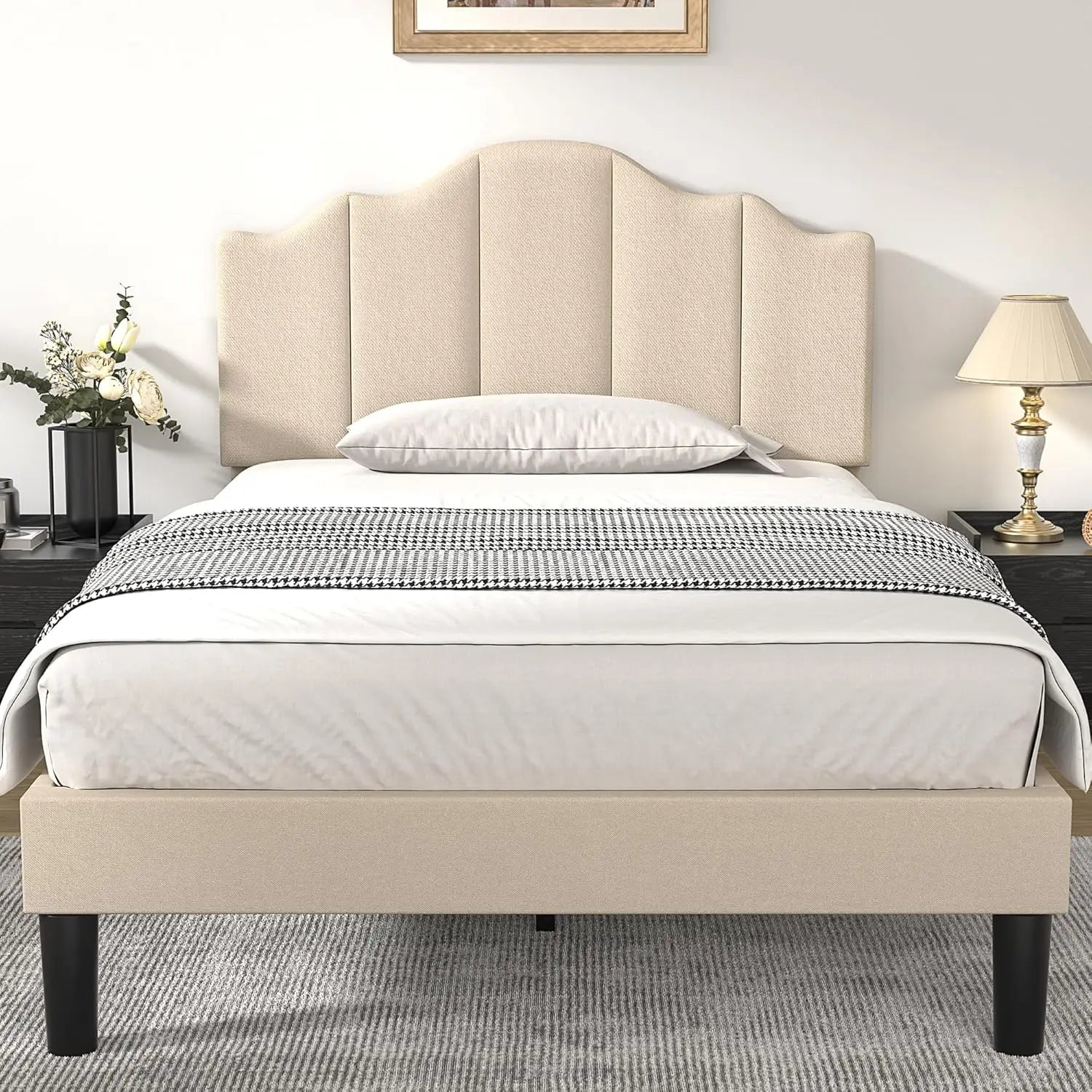 VIOLET Modern Curved Full Size Upholstered Platform Bed Frame 56'' Wide – Adjustable Headboard