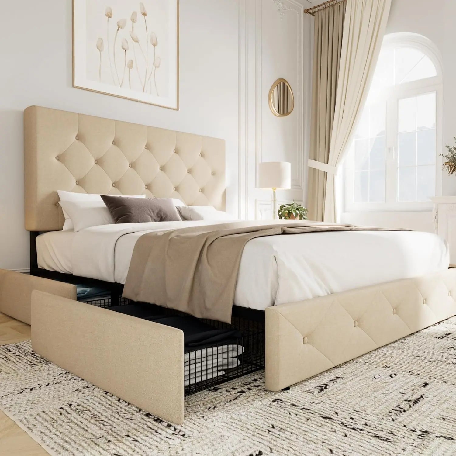 ISABELLE Modern Upholstered Queen Platform Bed Frame with Storage Drawers - 62" Wide