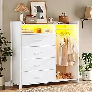 ANASTASIA Modern White Dresser with Clothing Rack & LED Lights - 63" Wide