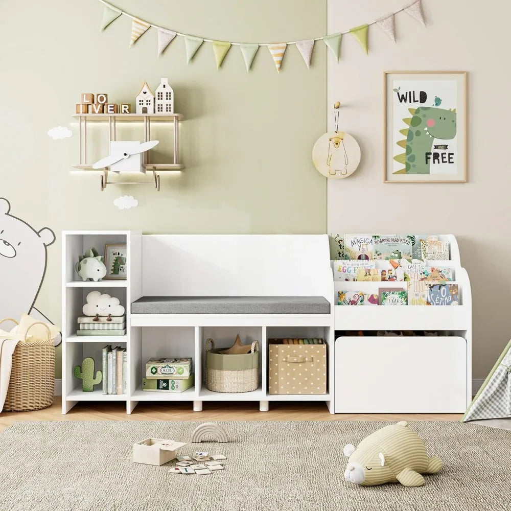 NOAH Reading Nook with Cushion, Bookcase & Storage Cubbies – 67" W