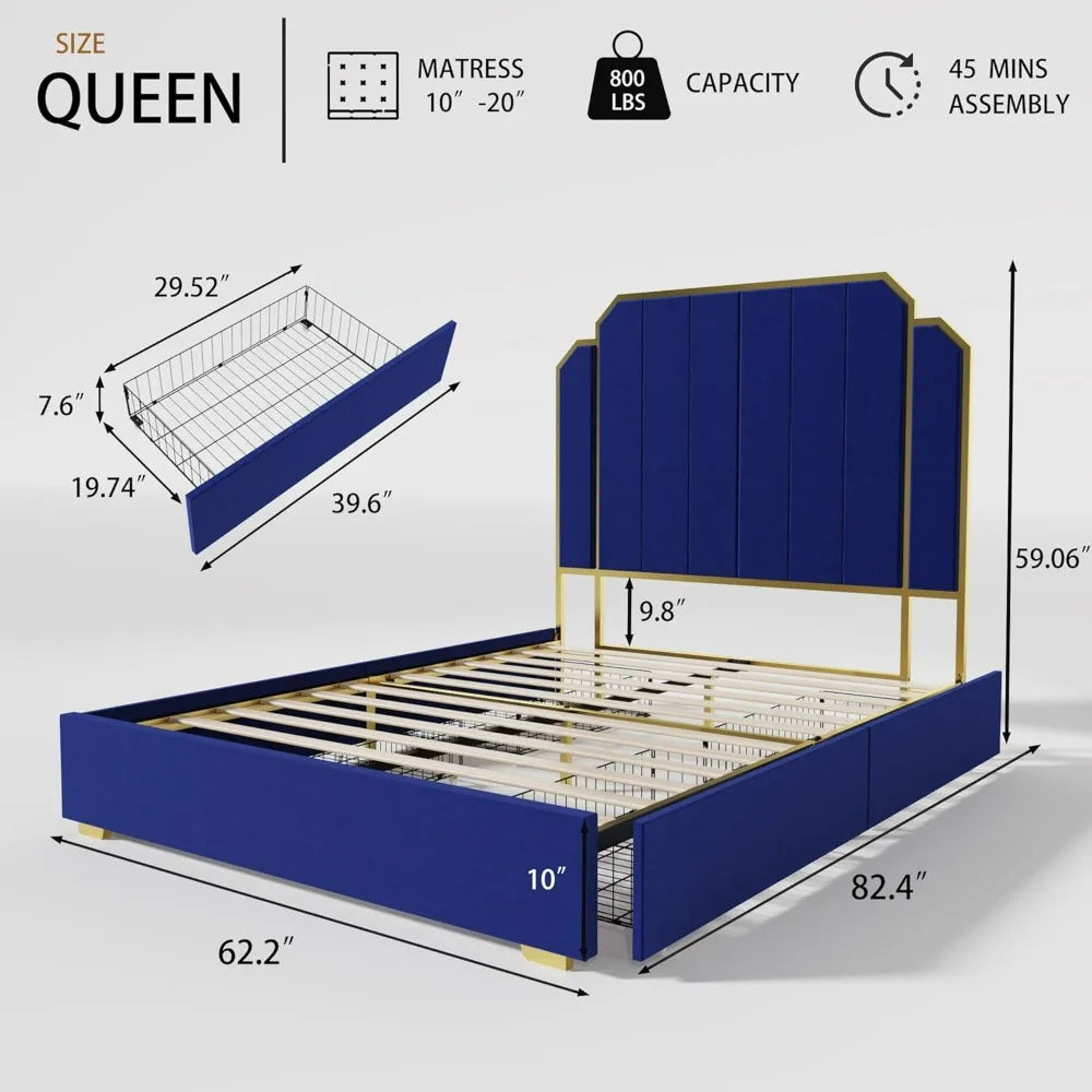 SLOANE Luxe Velvet Upholstered Queen Bed Frame with Storage Drawers - 61" Wide