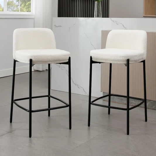 Modern White Sherpa Counter Stools with Black Metal Legs, 26" Upholstered Counter Height Bar Stools with Curved Back