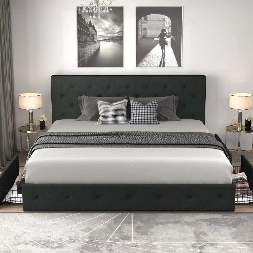 Avani Modern Upholstered King Size Platform Bed Frame with Storage Drawers and 78"W Headboard