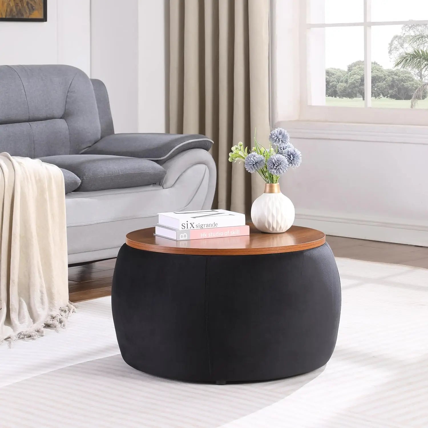 KAYLA Round Velvet Ottoman Storage Coffee Table – 26"W