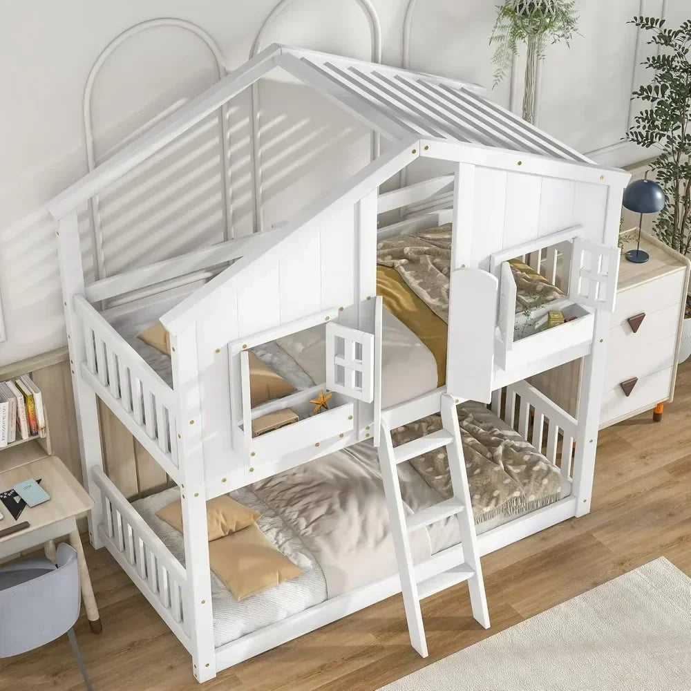 SUMMER Modern Twin Wood Bunk Bed with Roof & Window - 57.8''