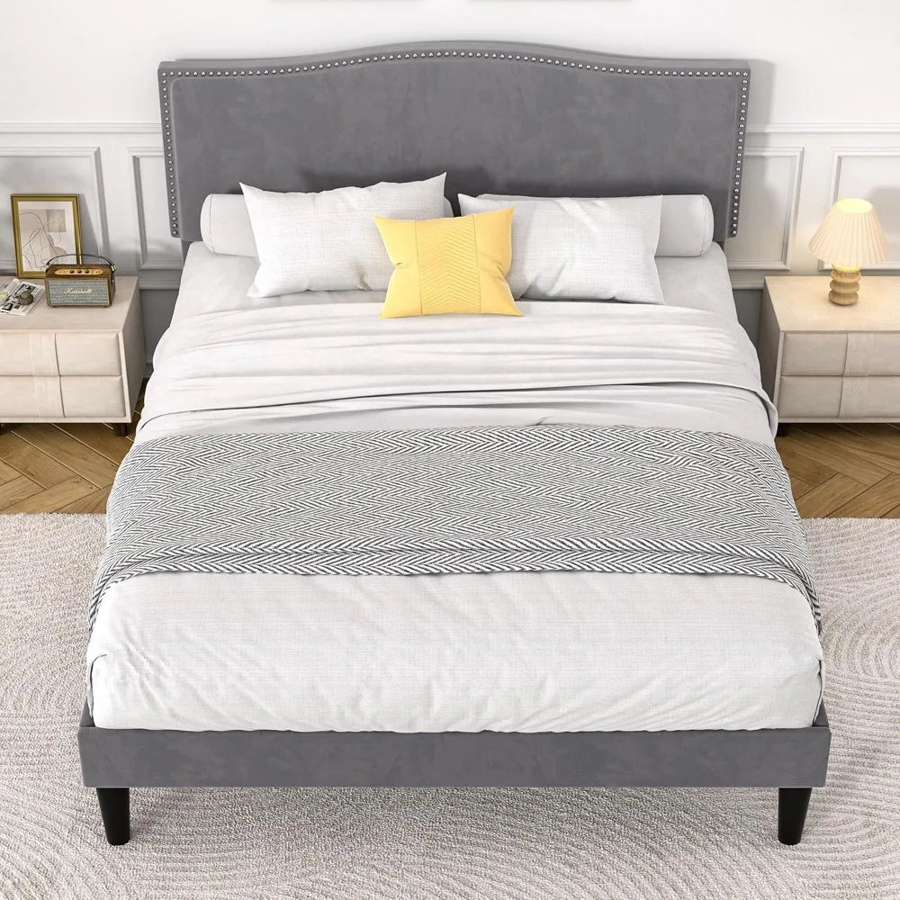 SOFIA Modern Velvet Upholstered Platform Bed Frame with Rivet Headboard