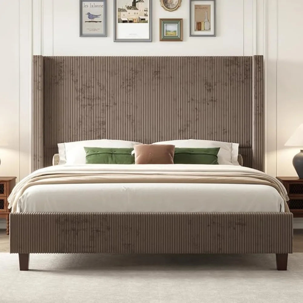 ELLA Modern 61" Corduroy Upholstered Platform Bed Frame with Wingback Headboard, No Box Spring Needed