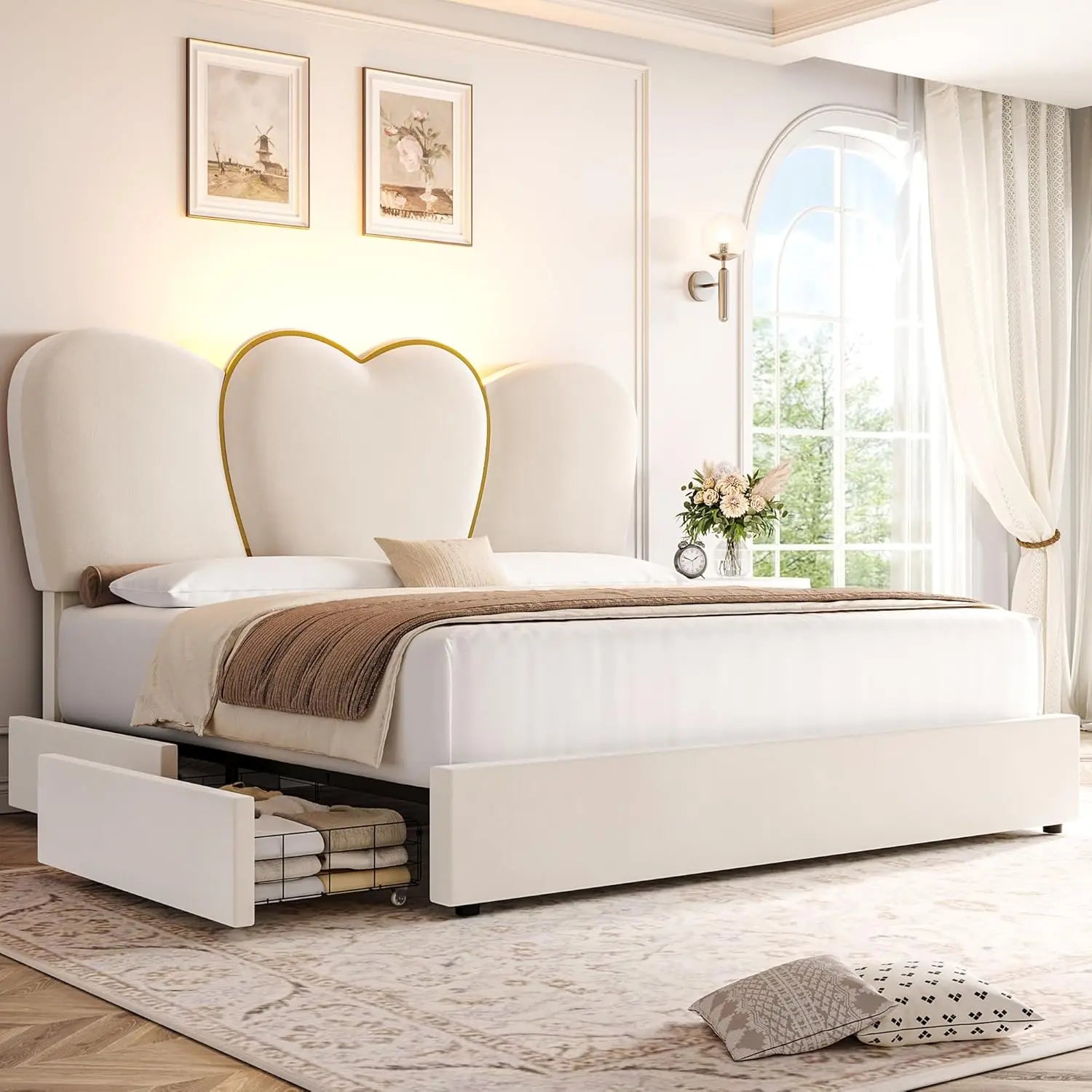 EMILY Elegant Queen LED Bed Frame - Velvet Upholstered with 55" Heart Shaped Headboard