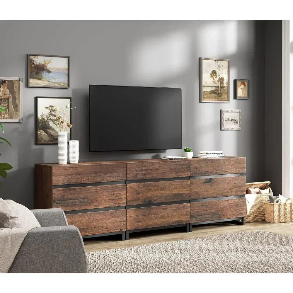 ADA Modern Walnut Grain 9-Drawer Dresser - 94.5" Wide Bedroom Storage Unit