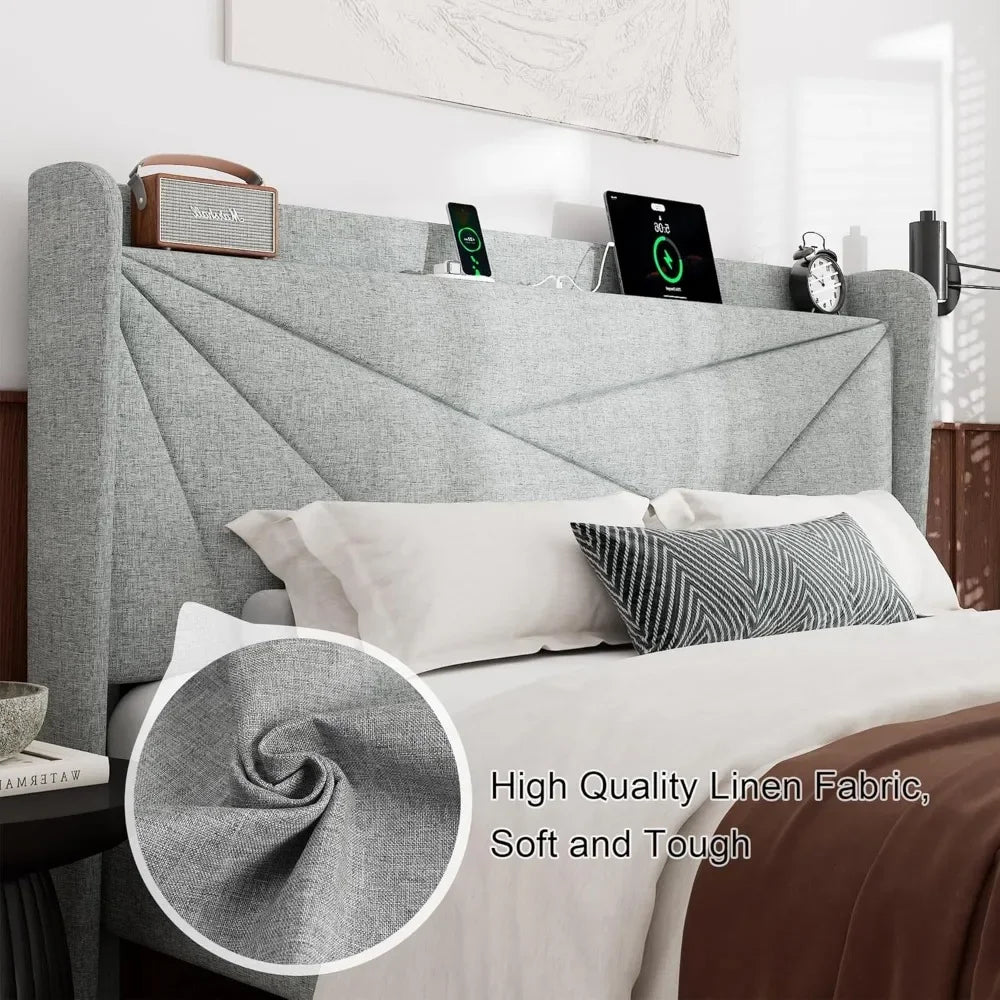 GRACE Modern Upholstered King Size Bed Frame with Charging Station & Storage Headboard – 76" Wide