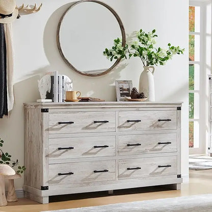 LEILA Farmhouse Rustic 6-Drawer Dresser - 54" Wide Chest of Drawers for Bedroom Storage