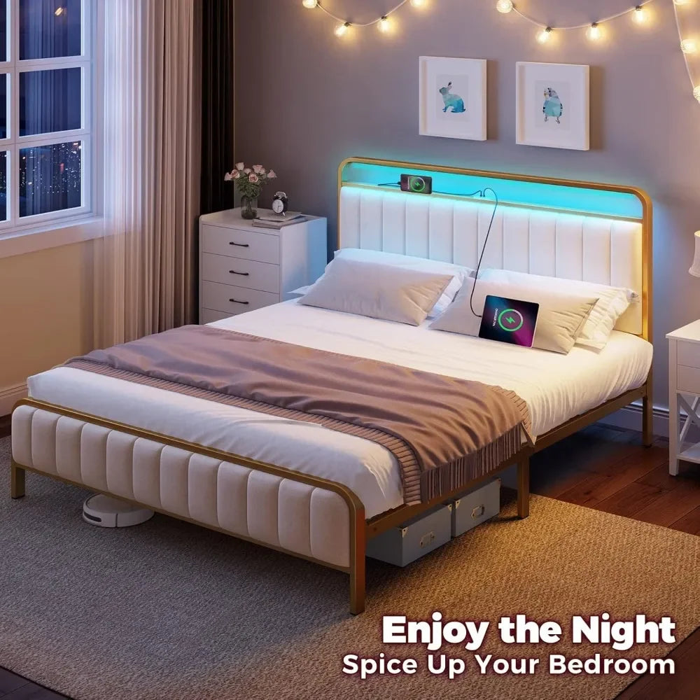 HANNAH Modern Queen Size Bed Frame with LED Headboard, Charging Station & Storage