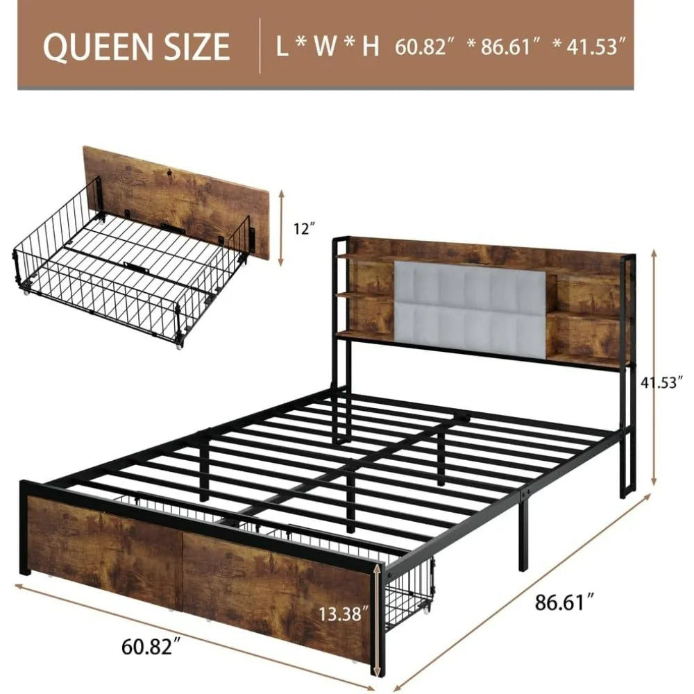 PENELOPE Modern Industrial Bed Frame with Storage & LED Headboard – 60'' Wide Metal & Wood Platform Bed