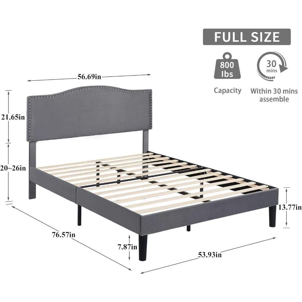 SOFIA Modern Velvet Upholstered Platform Bed Frame with Rivet Headboard