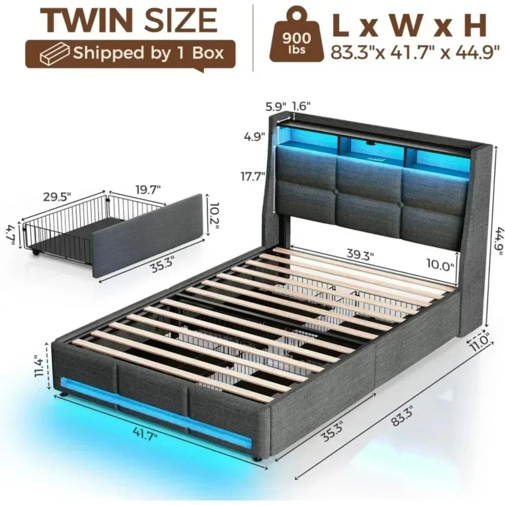 DELILAH Modern Upholstered Bed Frame with LED Lights, Storage Drawers & Charging Station