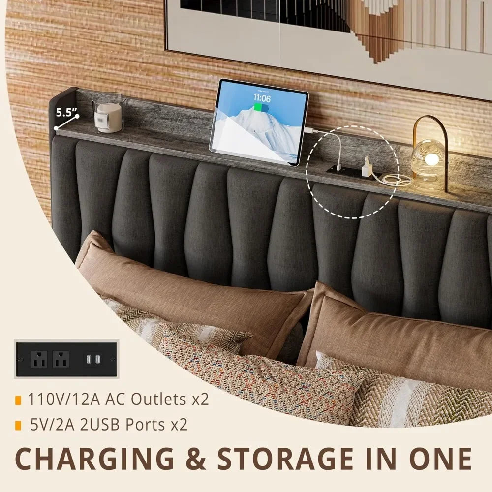 OAKLEY Modern Upholstered King Size Storage Bed Frame with Headboard & Charging Station - 87.4''