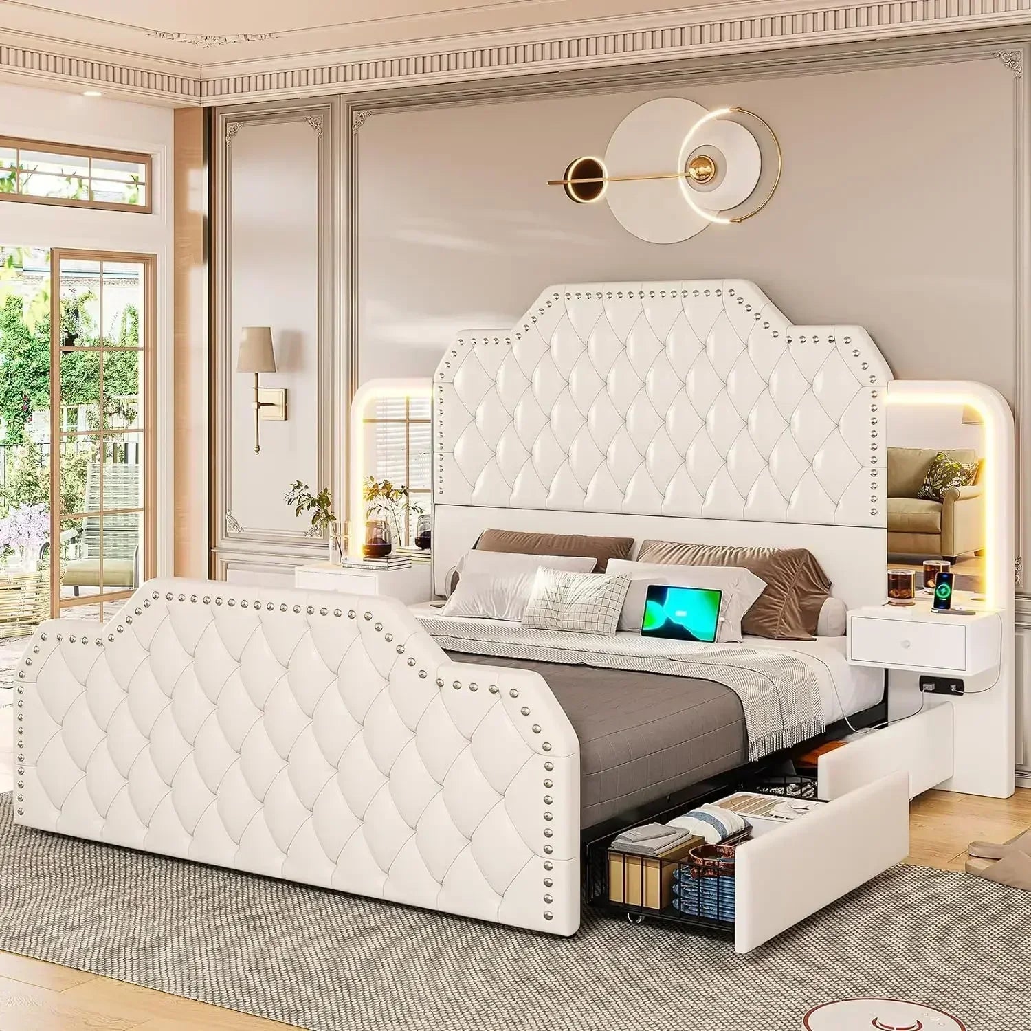 Arely Luxury Glam Upholstered Bed Frame | Queen Size 79.1" Wide PU Leather Platform Bed