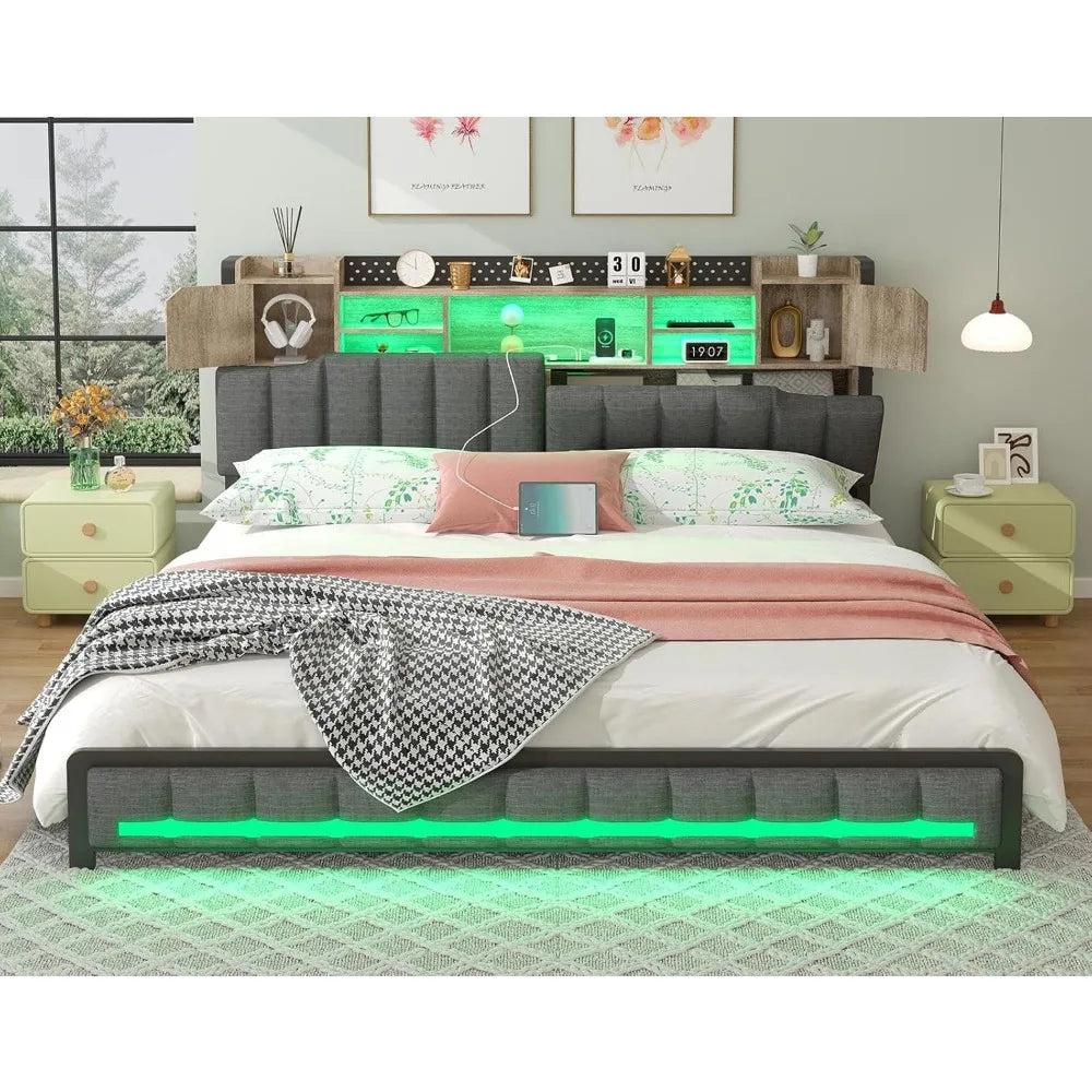 NORA Modern Queen Bed Frame with Storage Headboard, LED Lights & USB Charging Station - 61.4'' Wide