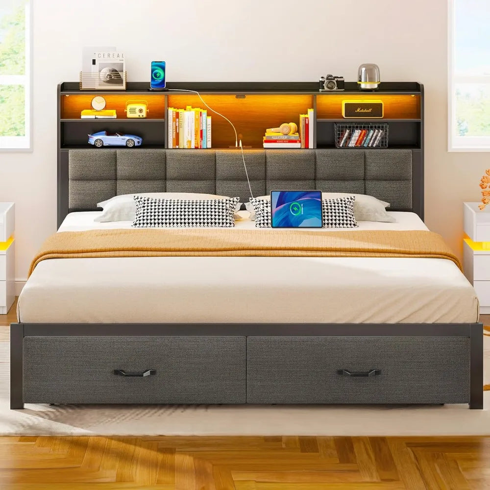 VICTORIA Modern Upholstered King Size Platform Bed with Storage & LED Headboard – 76"