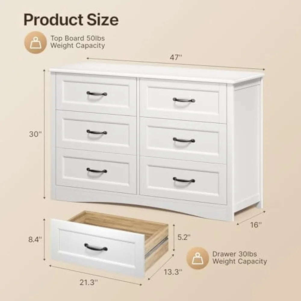 AMY Modern 6 Drawer Dresser - White Wooden Chest for Bedroom - 47'' Wide