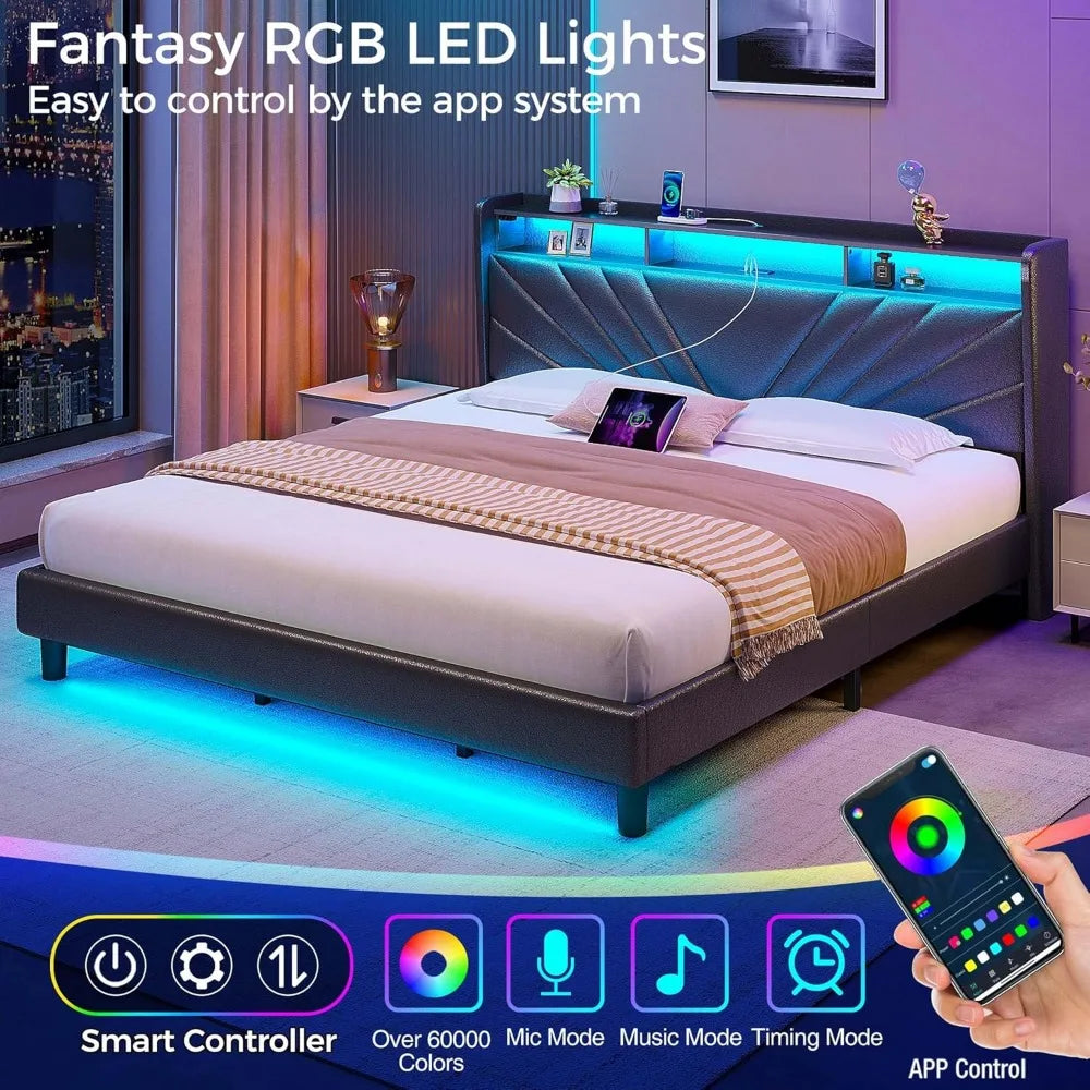 ZOEY Modern King Size Upholstered Bed Frame with LED Lights, Charging Station & Storage - 75.98''