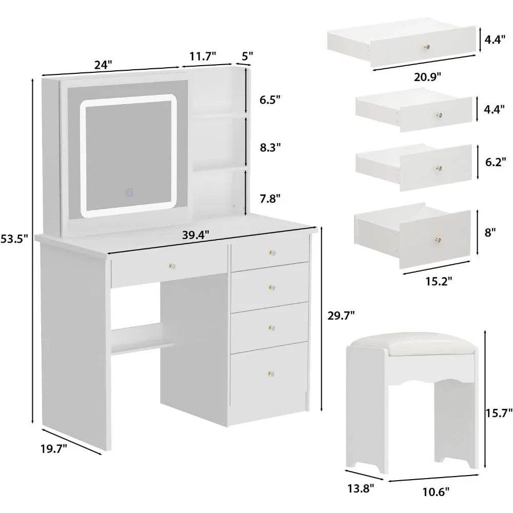 RIVER Large Vanity Set Makeup Vanity Dressing Table with Sliding Lighted Mirror