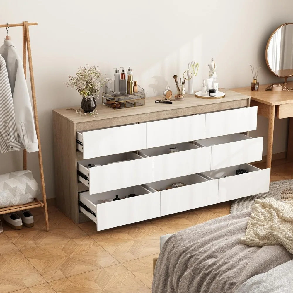 PRESLEY Modern 9-Drawer Wooden Dresser - 63" Wide, Minimalist Chest of Drawers for Bedroom & Living Room