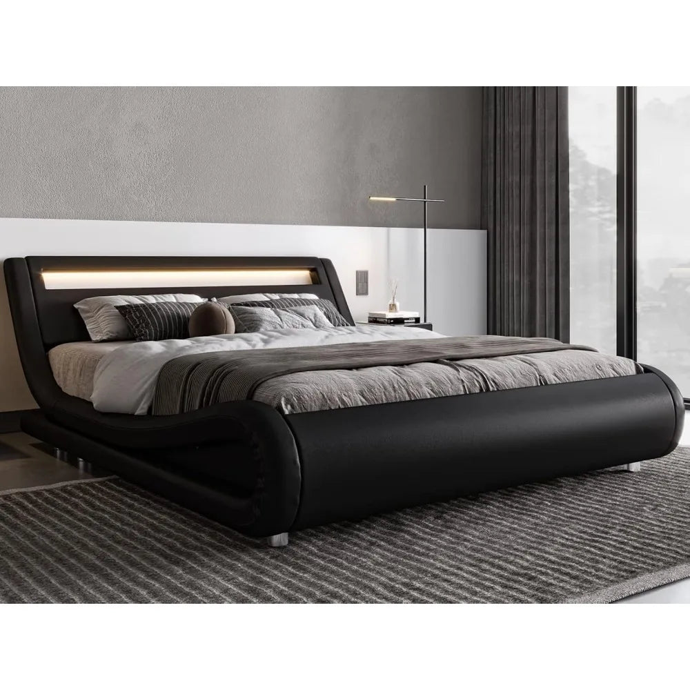 EVELYN Zeroni Modern LED Platform Bed Frame – Faux Leather Queen Bed 66.54'' Wide