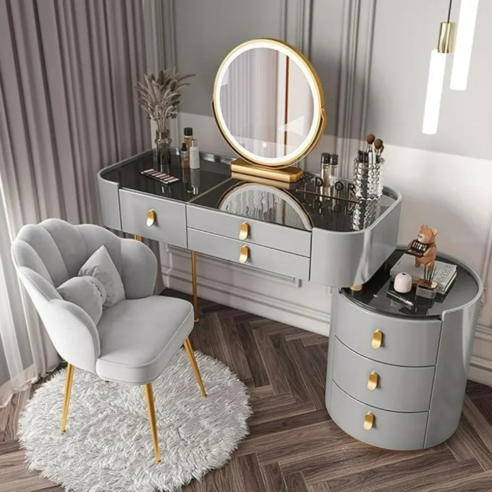 PHOEBE Modern Gray Lighted Makeup Vanity Desk with Drawers & Side Cabinet - 39.3" Wide