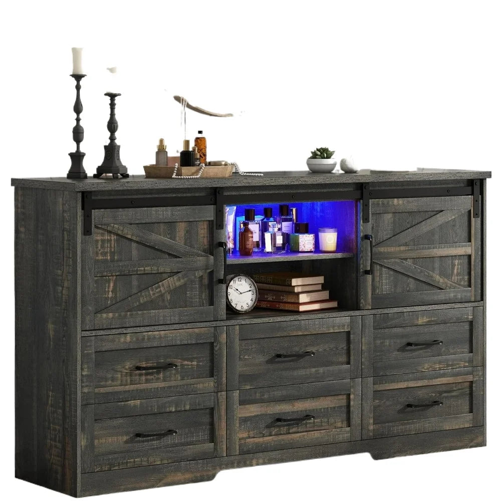 JORDYN Rustic Farmhouse Dresser – 6 Drawer Storage Chest with Sliding Barn Doors & LED Lights | 63'' W