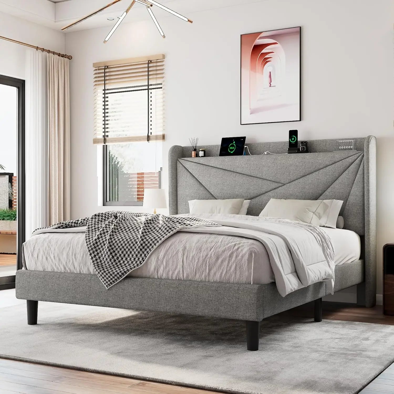 IVY Upholstered Bed Frame with Charging Station, Platform Bed Frame with Storage Headboard