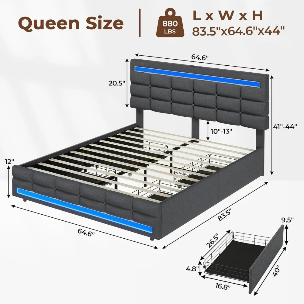 Maeve Modern Queen Bed Frame with Adjustable LED Headboard and Storage Drawers