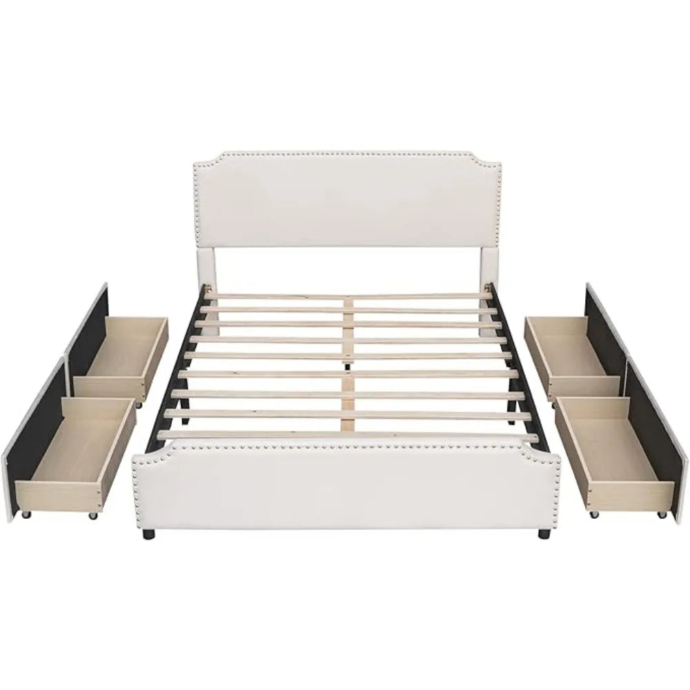 EMERY Modern Velvet Upholstered Queen Bed Frame with 4 Storage Drawers, Elegant Headboard