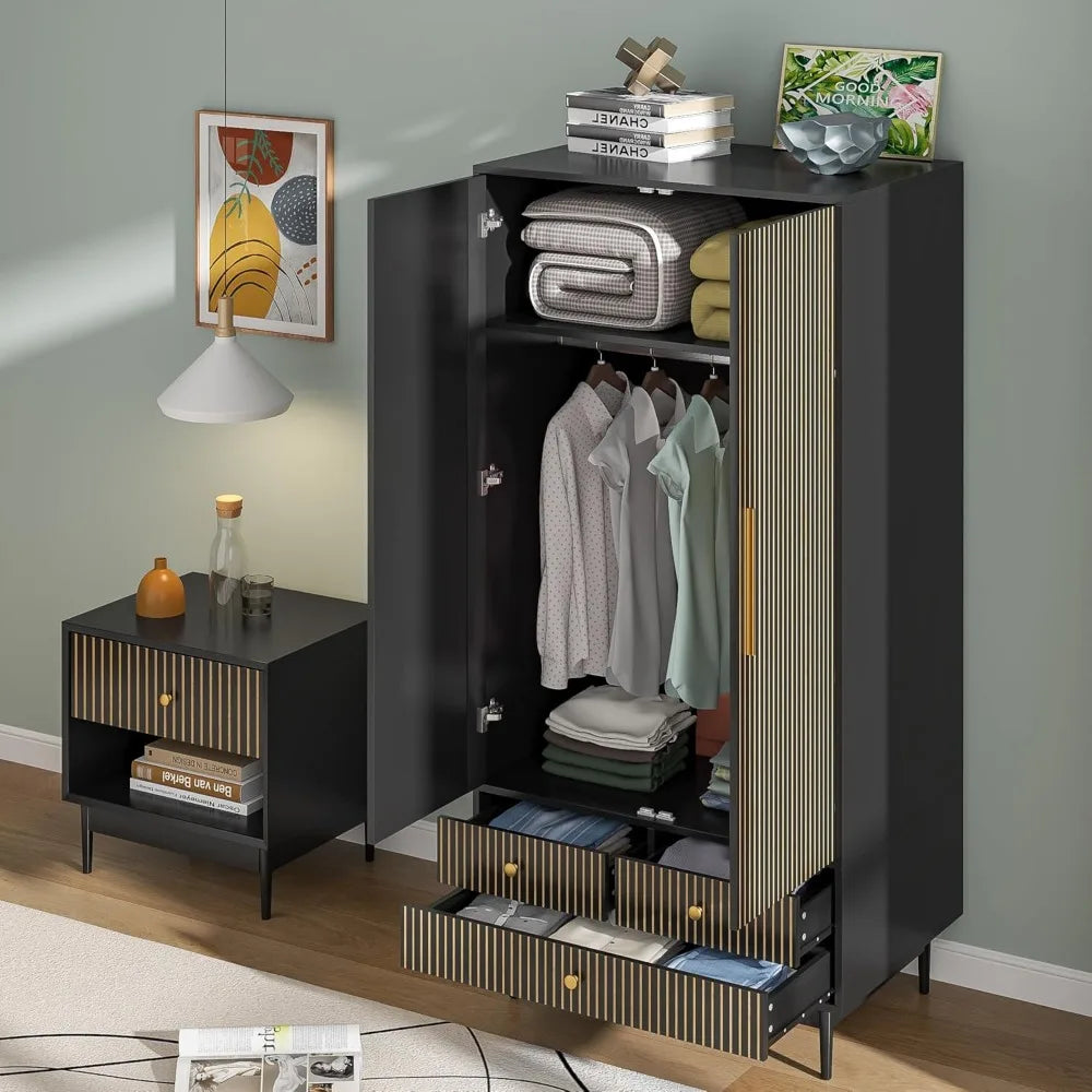 FIONA Modern Groove Panel Wardrobe Armoire – Wooden Clothing Organizer with Drawers, Shelves & Hanging Rod