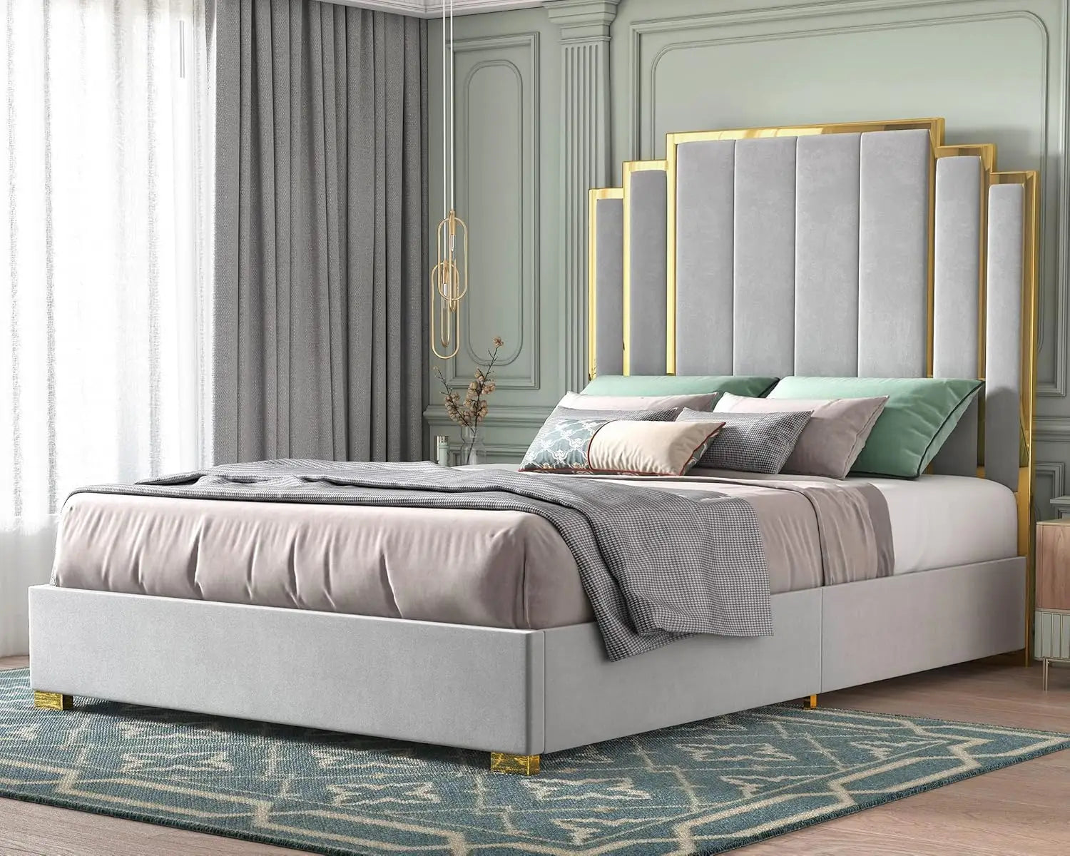 KENNEDY Modern Velvet Upholstered Platform Bed Frame with 65" Gold Trim Headboard