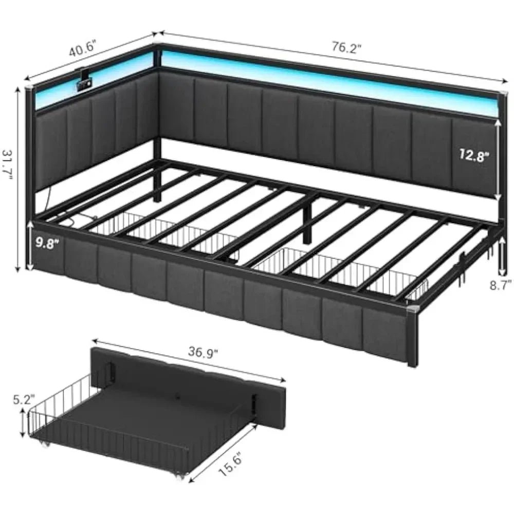 ELENA Modern Twin Size Corner Bed Frame with LED Lights, Charging Station, and Storage Drawers