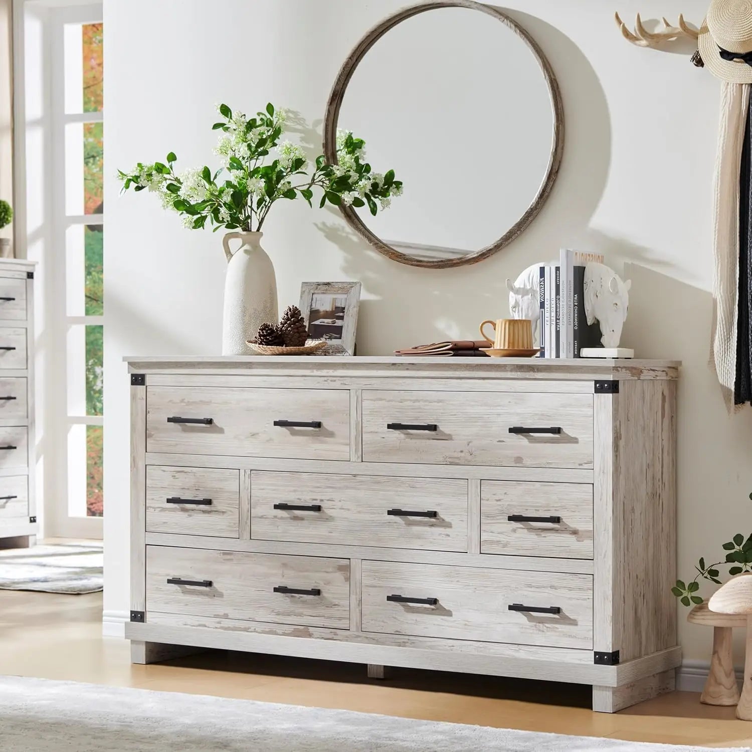 KIARA Farmhouse Rustic 7-Drawer Dresser – Antique Wooden Storage Chest – 54'' Wide  Description: