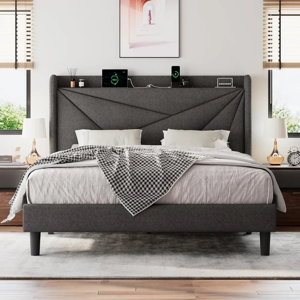 IVY Upholstered Bed Frame with Charging Station, Platform Bed Frame with Storage Headboard