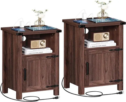 SERENA Farmhouse Nightstand Set of 2 with Charging Station - 18" Rustic Bedside Table with USB Ports & Storage