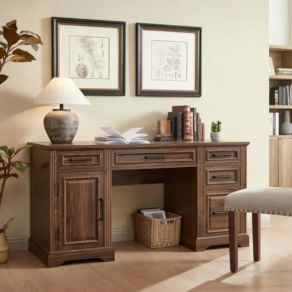 MARY Farmhouse Executive Desk with Drawers & Cabinet – 58" W