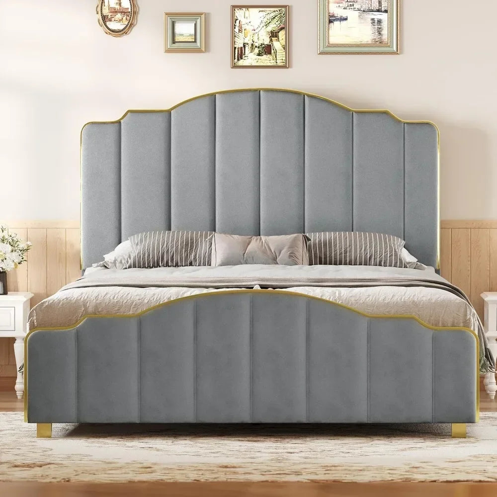 GEORGIA Harp-Style Velvet Queen Bed Frame with Gold Trim – 60” Wide Platform Bed