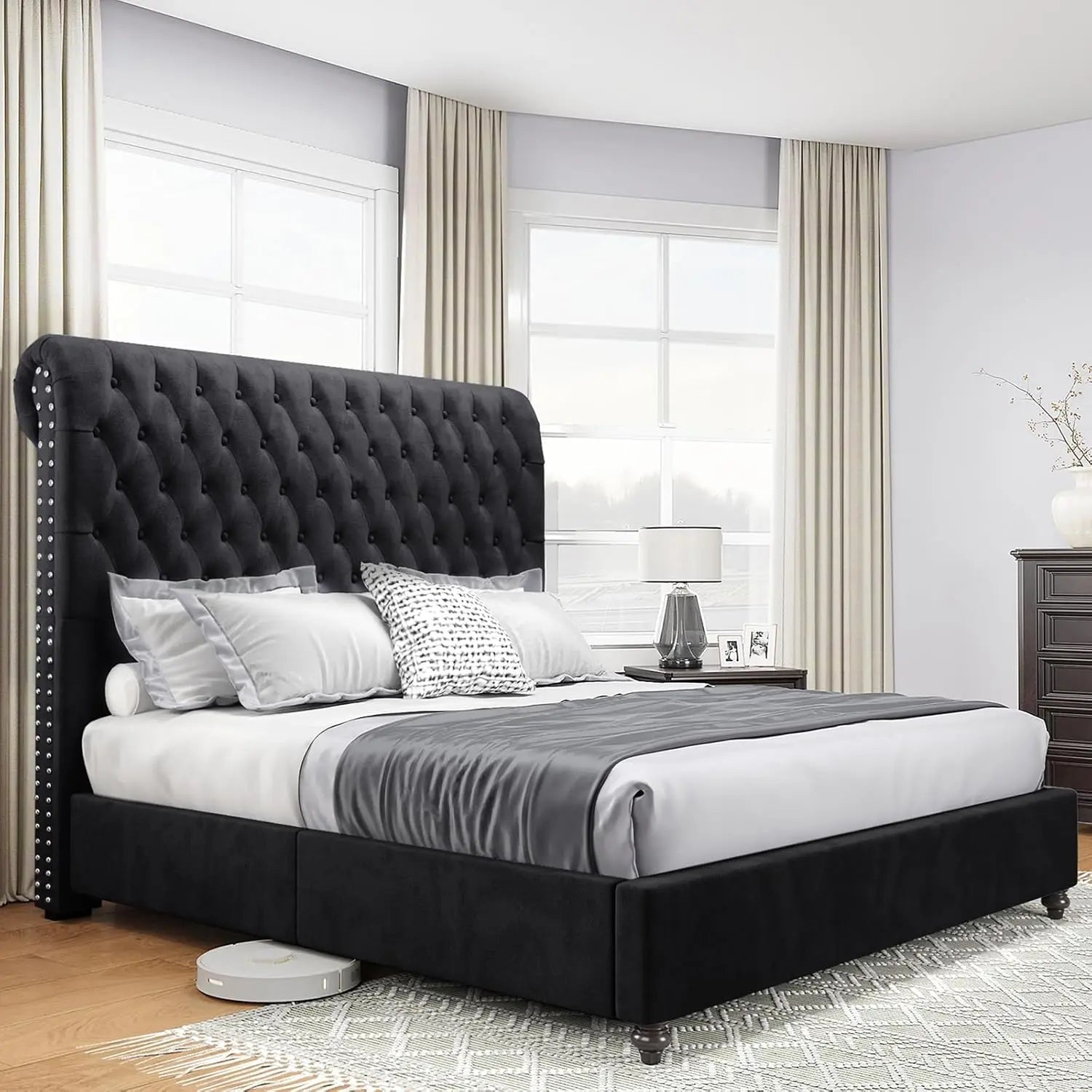 MADELINE Velvet Sleigh Platform Bed – Button Tufted Upholstered Headboard | 52.8" Tall