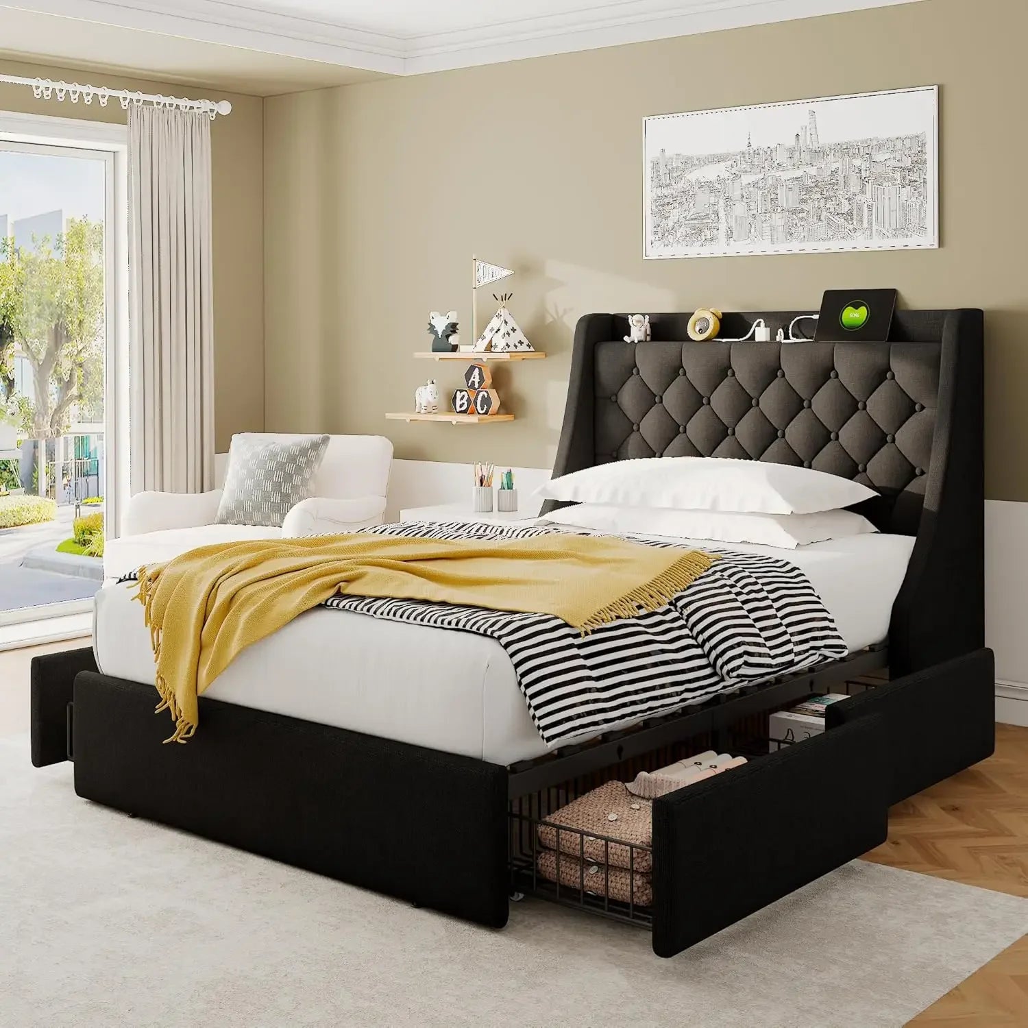 CHLOE Dark Gray Twin Bed Frame with 4 Storage Drawers & Fast Charging Ports - 1000mm Wide