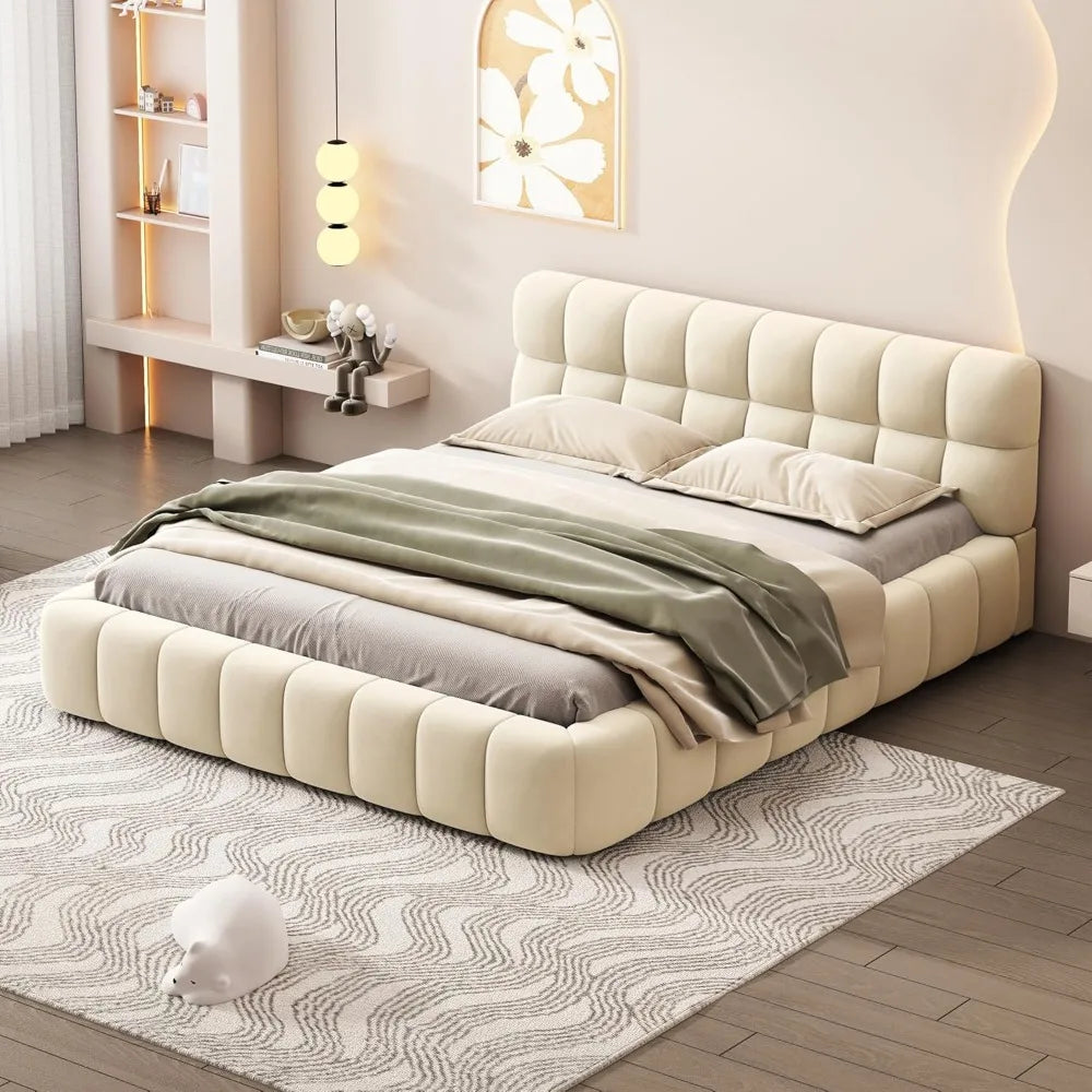 ELLIE Modern Queen Upholstered Bed Frame with Wingback, Linen Low Platform Bed