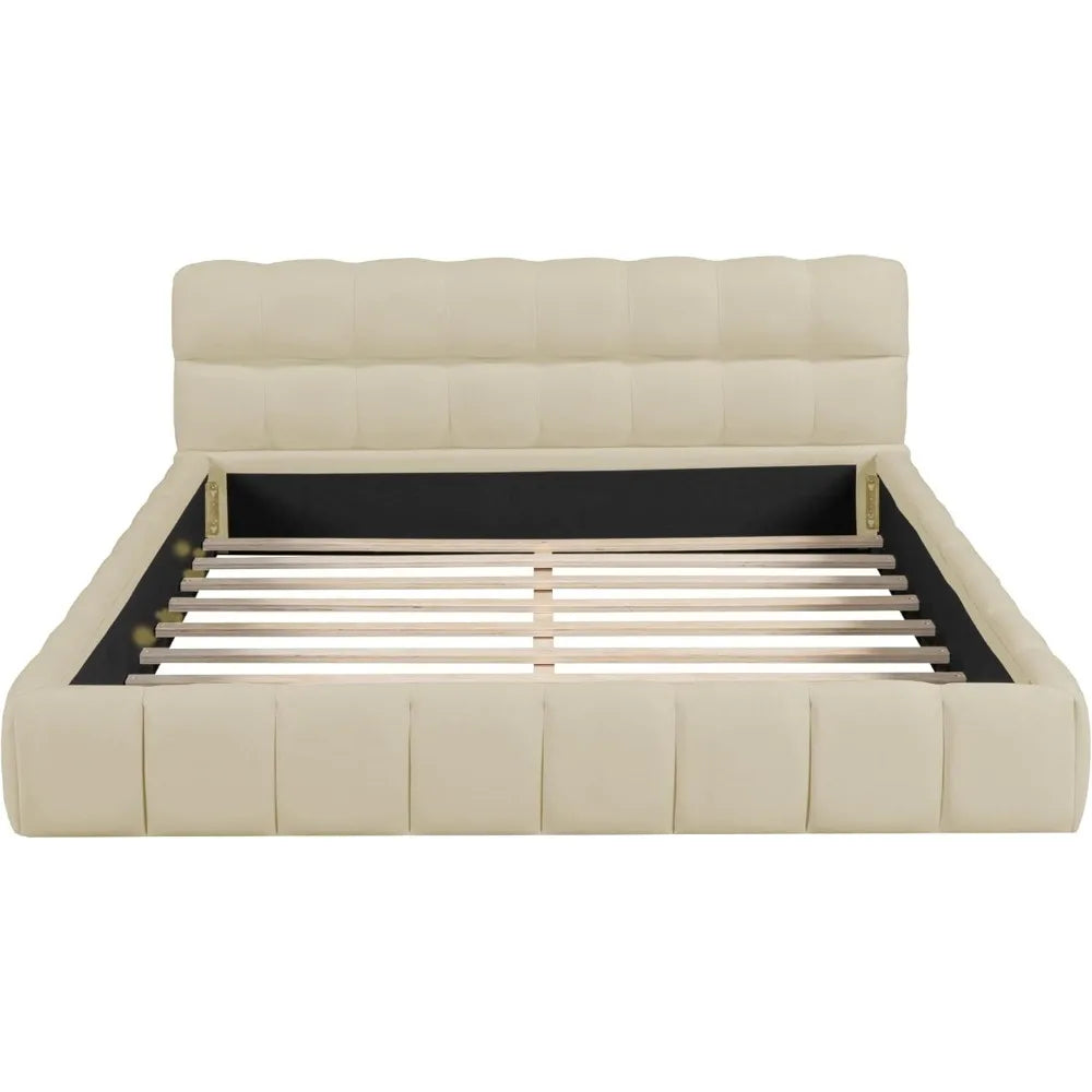 ELLIE Modern Queen Upholstered Bed Frame with Wingback, Linen Low Platform Bed