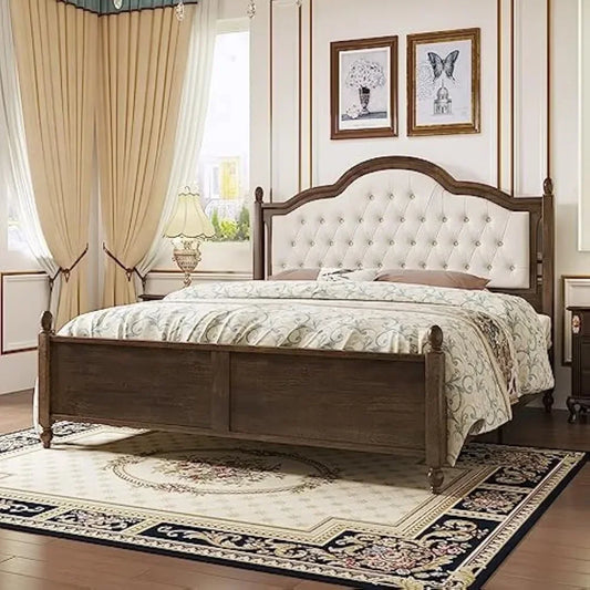 LYLA Classic Walnut King Bed Frame – Solid Wood & Tufted Upholstered Headboard | 78.8" Wide