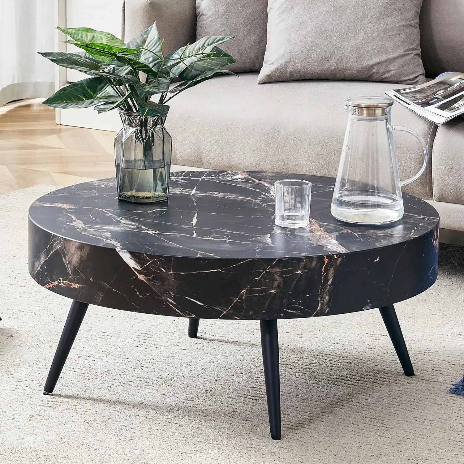 LAN Wooden Round Coffee Table with Metal Legs-31.5" W