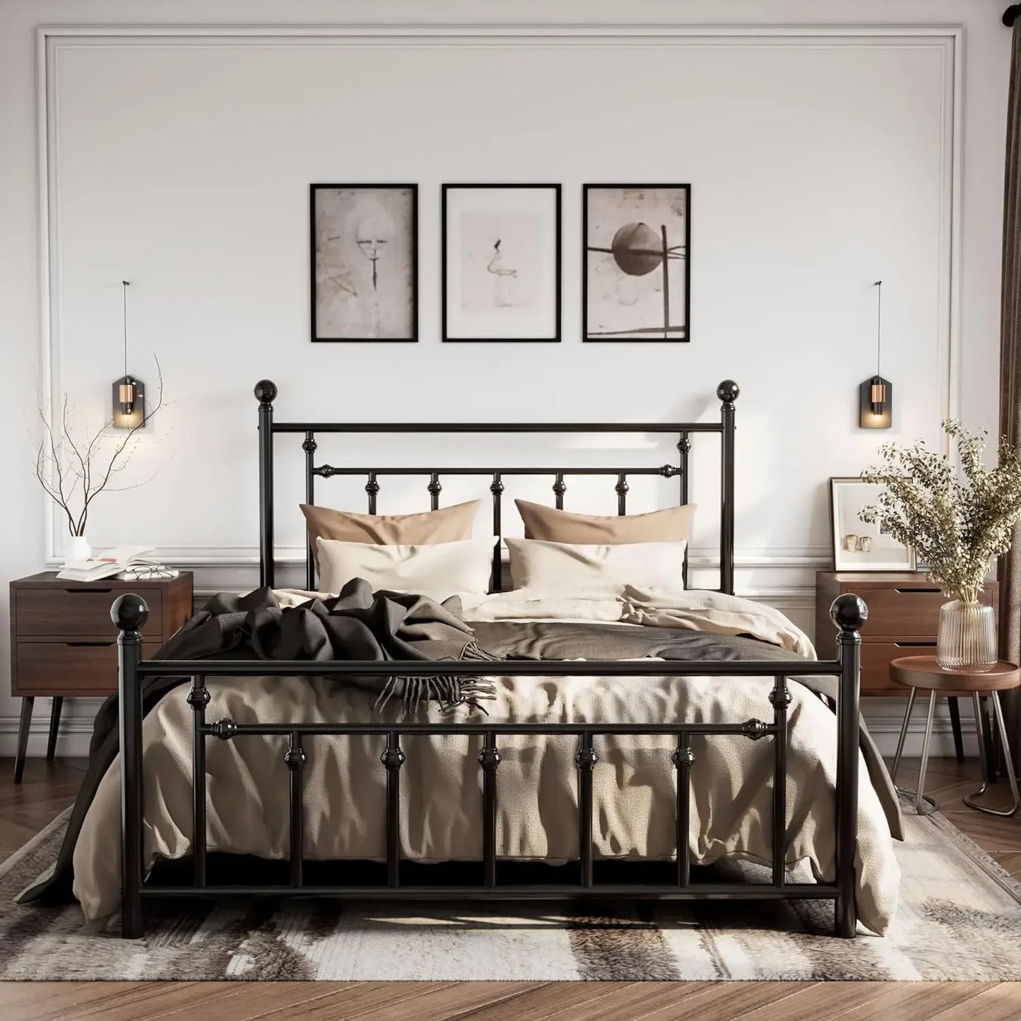 RUBY Vintage Metal Platform Bed Frame – Classic Design with Headboard & Footboard - 63''