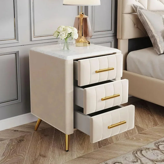 NYLAH Elegant Velvet Upholstered Nightstand with Marbled Top – 16.3" Wide, 3-Drawer End Table